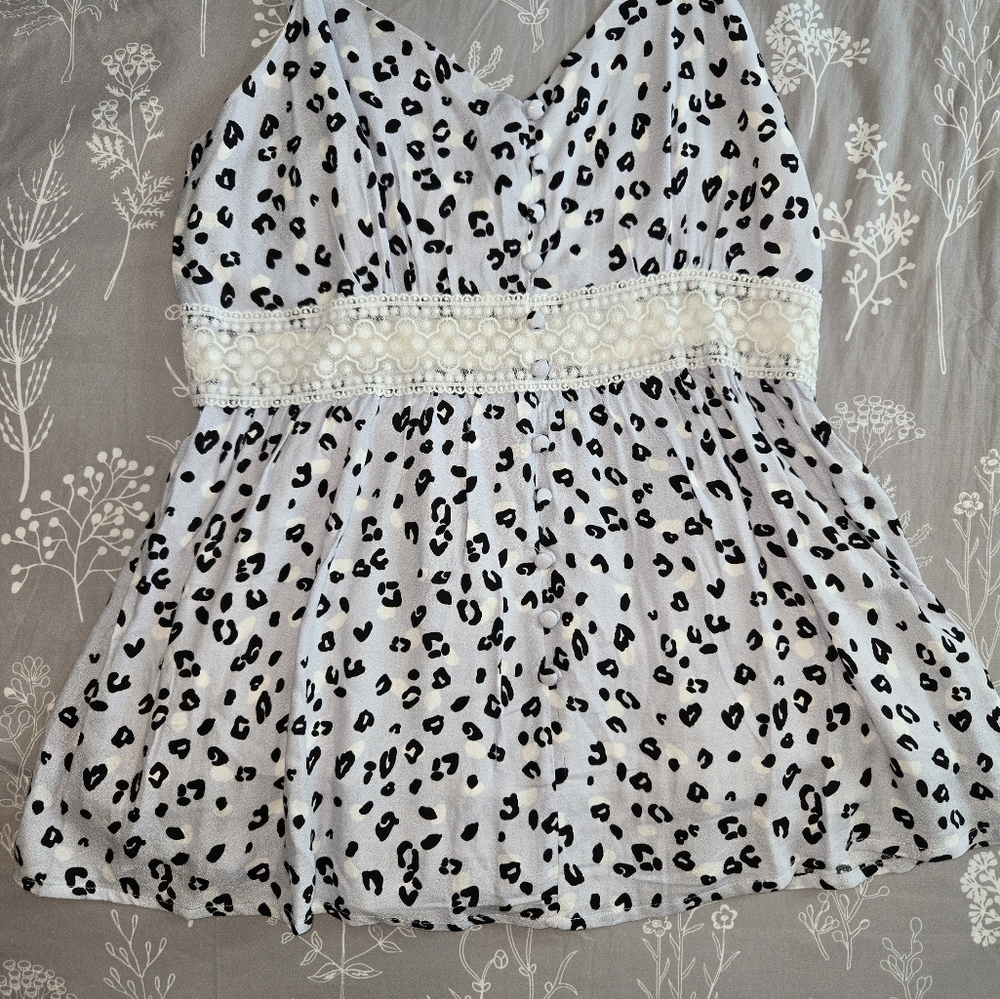 White Birch Baby doll tank leopard print, pale blue with white lace trim